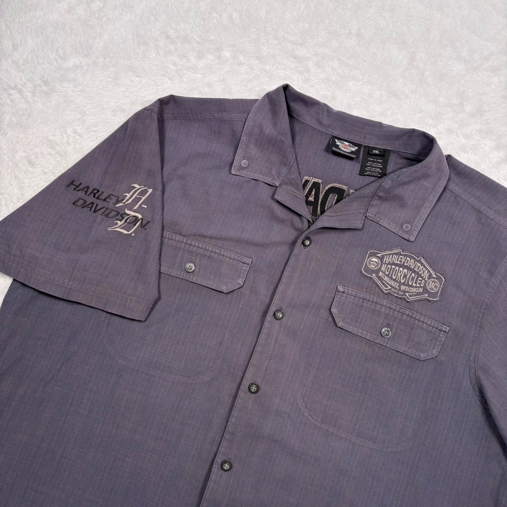 Y2K Harley-Davidson Button Shirt Men 2XL Gray Blue Mechanic Spellout Short Slv - Picture 15 of 16
